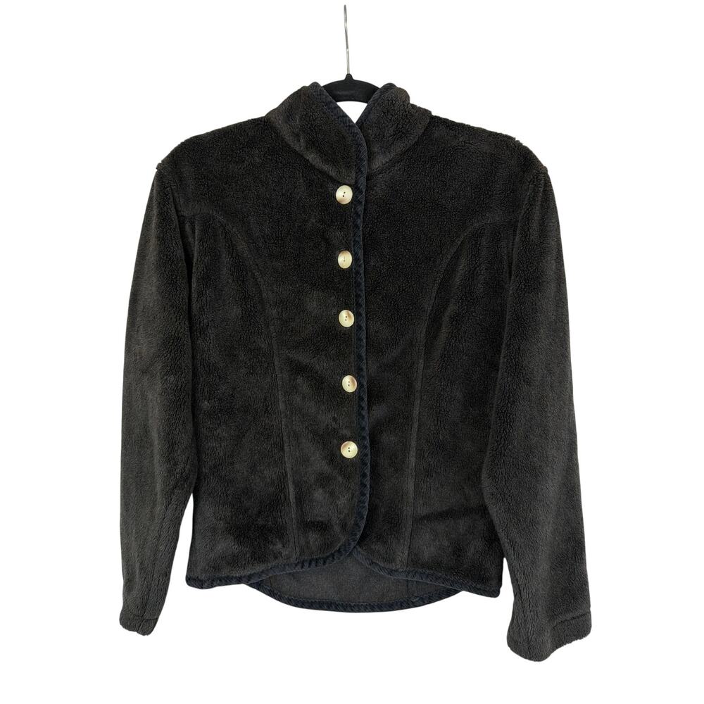 True Grit Brown Fleece Button Up Jacket Short Crop Shaggy Cozy Teddy Medium